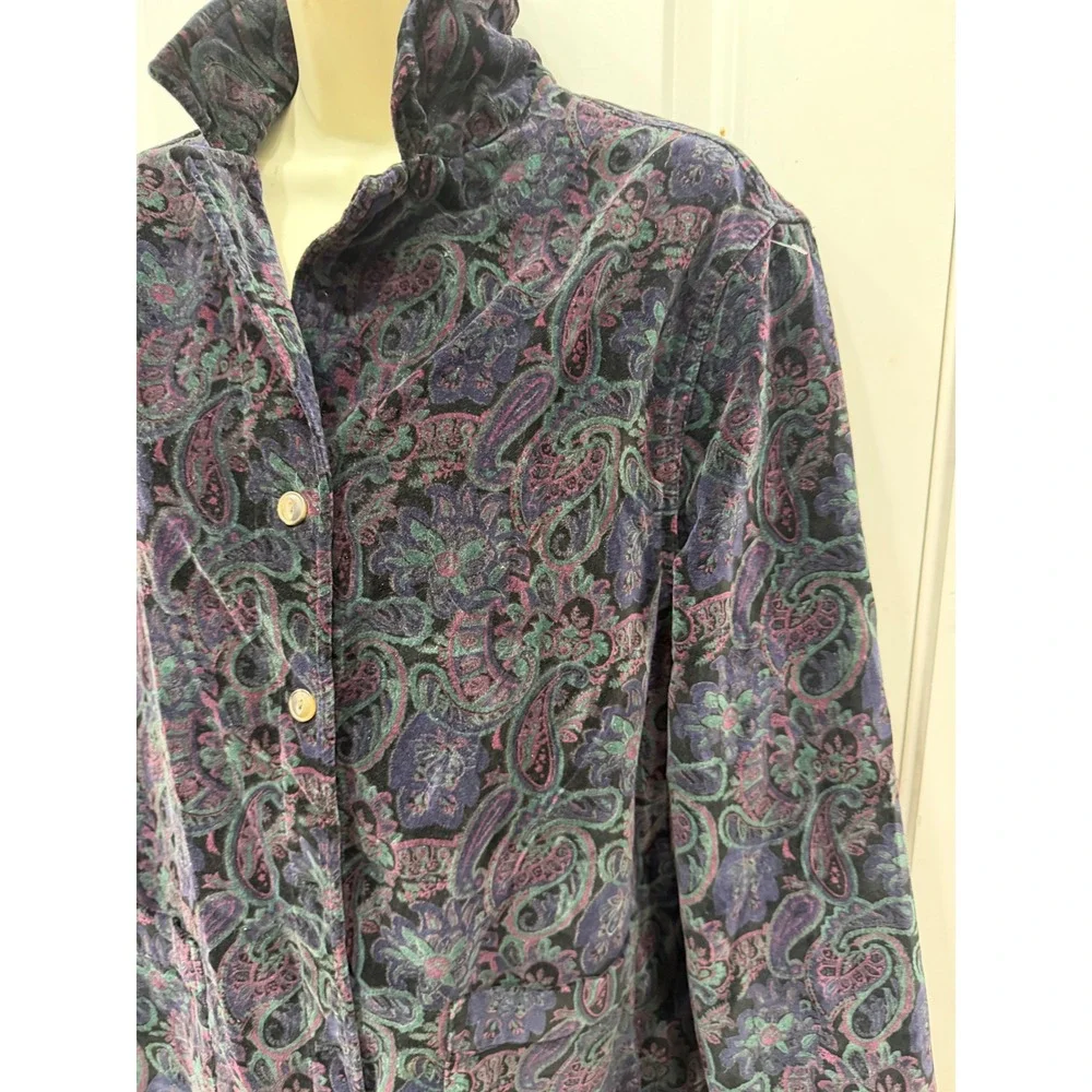 Vintage Paisley Velvet Jacket Women's Button Up Collar Blue Purple‎ Green M